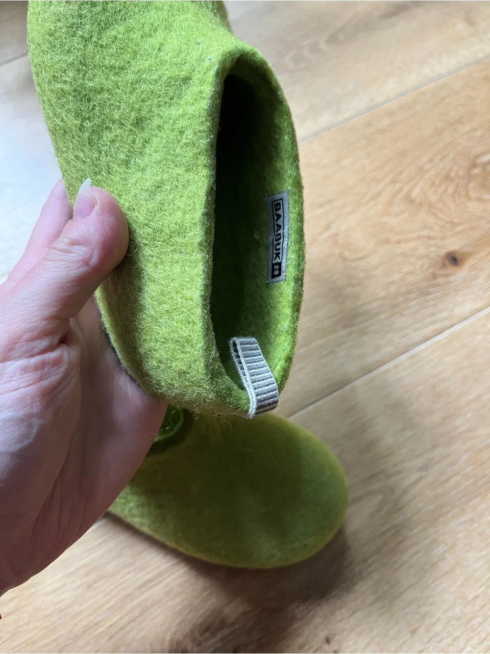 Children's Green Wool Slip-On Slippers with Pull Tab